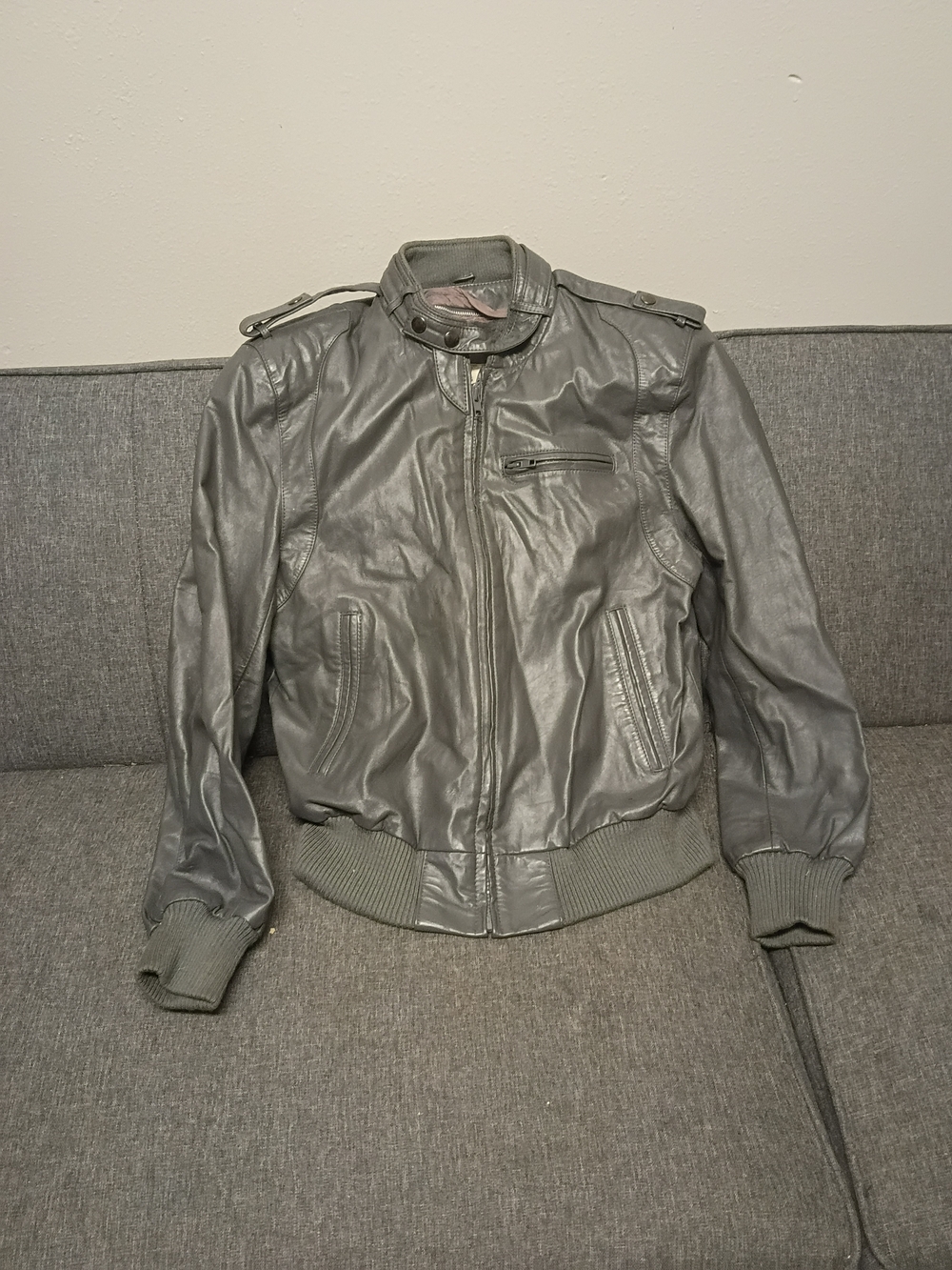 Women’s Grey Leather Bomber Jacket with Ribbed Hem